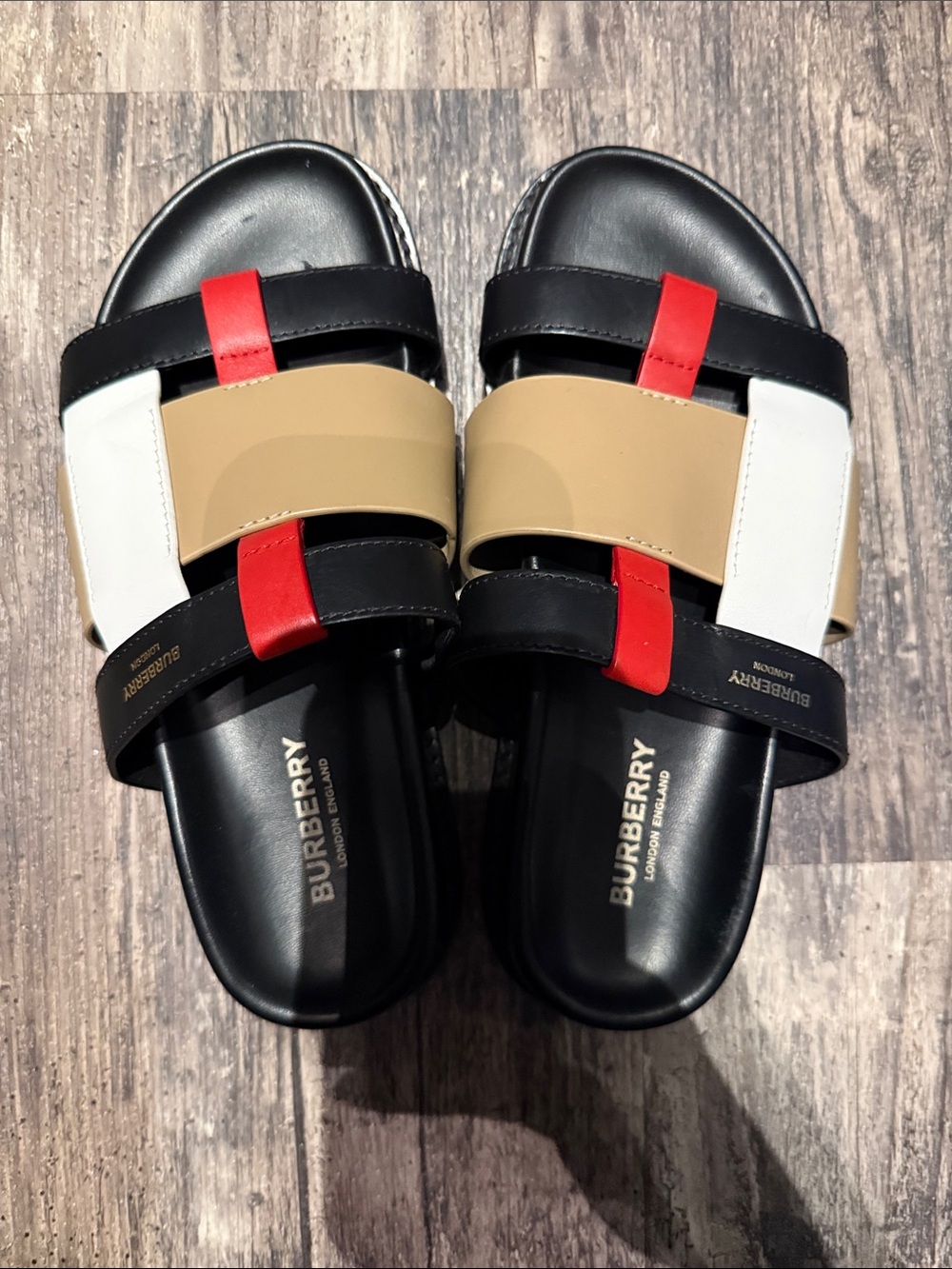 Burberry Black Tan White and Red Kids Slide Sandals